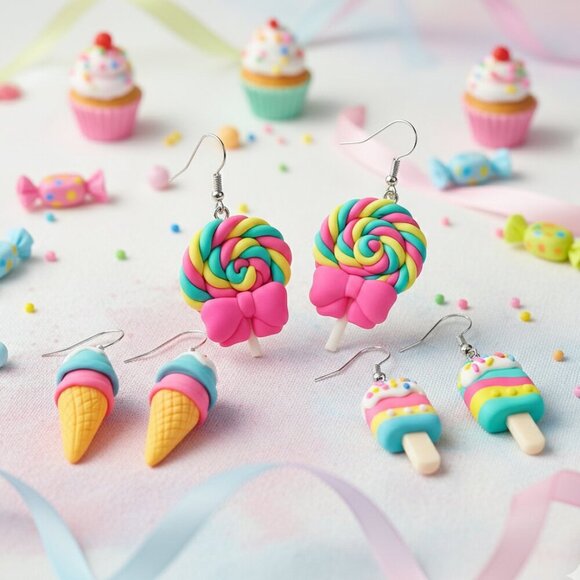 🆕️Cute Cartoon Earrings Set - Ice Cream, Lollipop & Popsicle 🎉 Fun Gift Idea! - Picture 9 of 15
